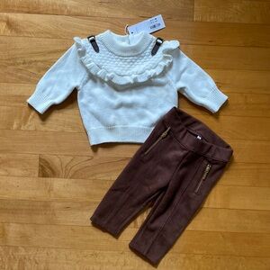 NWT Janie and jack equestrian ruffle neck sweater and faux suede leggings 3-6mo